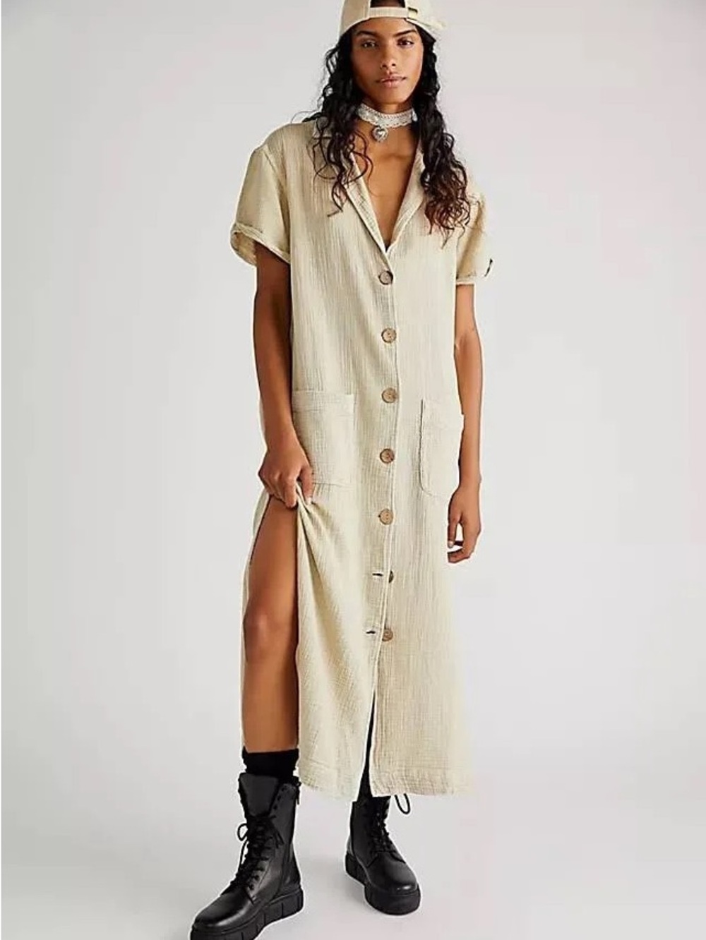 Free People Beige Almeda Button-Down Cotton Gauze Maxi Dress